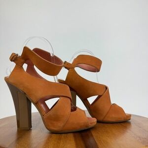 Womens Philosophy Orange‎ Suede Stappy Ankle Strap Peep Toe Heels Size 37.5 GUC